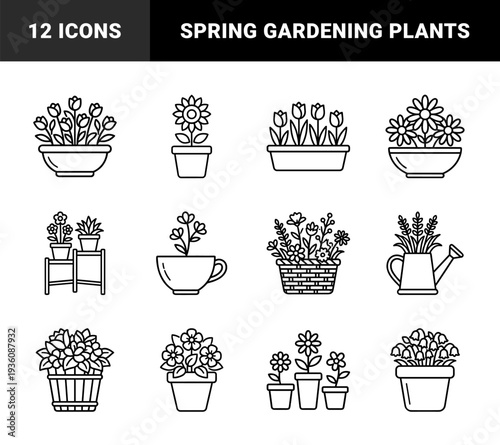 Spring flora and botanical gardening elements in clean monoline style. Minimalist line art featuring potted plants, floral bouquets, and gardening containers for horticultural branding.
