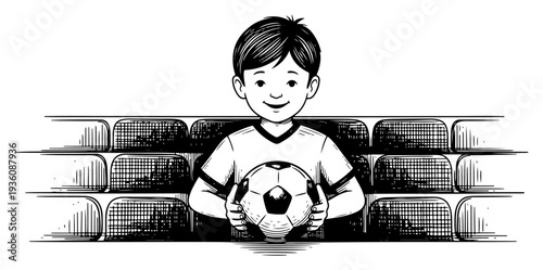 Happy young boy sitting in stadium stands holding a soccer ball in woodcut engraving style