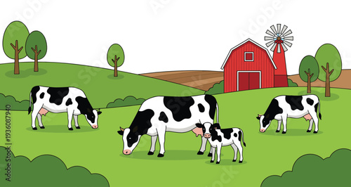 Dairy cows and calf grazing on green meadow farm landscape with red barn and windmill, organic milk production flat vector illustration