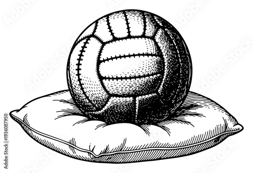 Vintage leather sports ball resting on a comfortable soft pillow in hand drawn woodcut style
