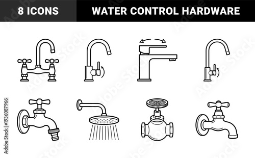 Plumbing fixtures and water control hardware in a bold monoline aesthetic. Technical line art featuring kitchen faucets, shower heads, and industrial valves.