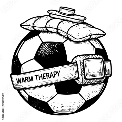 Soccer ball undergoing warm therapy treatment with hot water bottle and bandage in woodcut style