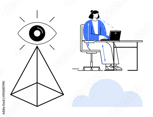 Digital surveillance. Eye security and monitoring alongside a user on a device technology and connectivity. Digital surveillance enhancing data security, tracking usage. For tech, cybersecurity, data