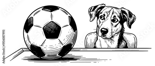 Cute dog looking at a soccer ball on a table in vintage woodcut style