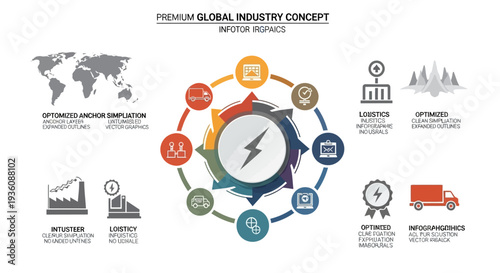Infographic showcasing global industry concepts with various icons and symbols on a white background with a central clock and gear design
