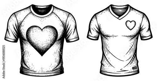 Two soccer jersey t-shirts with heart symbols in vintage style