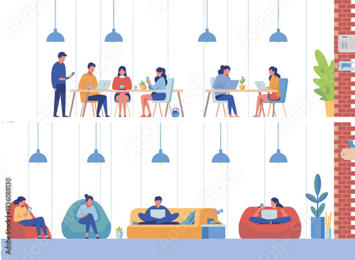 Dairy cows grazing on green meadow farm landscape with red barn and windmill, organic milk production concept flat vector illustration