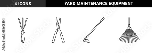 Essential gardening maintenance equipment for backyard landscaping and soil cultivation. Heavyweight black monoline contour drawings of yard work essentials.