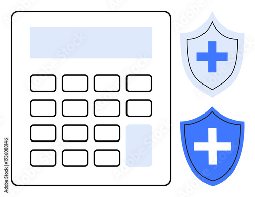 Financial planning, health insurance, budgeting, medical expenses, cost protection, healthcare management. Outline of a calculator and two medical shields with cross symbols. Health insurance