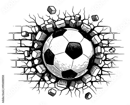 Powerful soccer ball crashing through a brick wall with debris