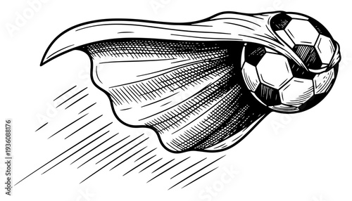 Flying soccer ball wearing a superhero cape in vintage woodcut style