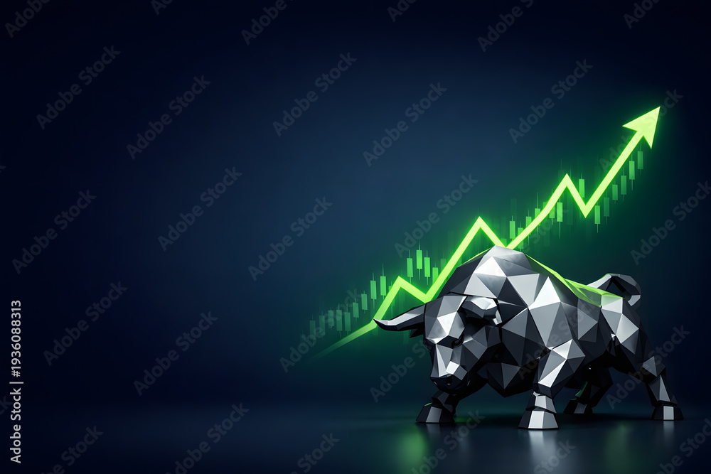 Fototapeta premium Geometric Metallic Bull with Upward Financial Chart Copyspace