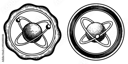 Atom science symbol icons in circular badge vintage style