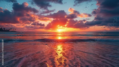 Vibrant Tropical Ocean Sunset with Orange and Purple Clouds wallpaper
