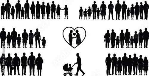Family silhouette icon set showing parents children couples and generations, love relationship concept, parenting life stages, black people illustration