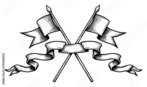 Crossed heraldic flags with ribbon banner in vintage style