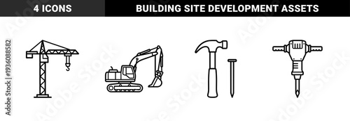 Construction machinery and heavy equipment thick line art. Industrial development pictograms featuring excavator, tower crane, hammer, and jackhammer.