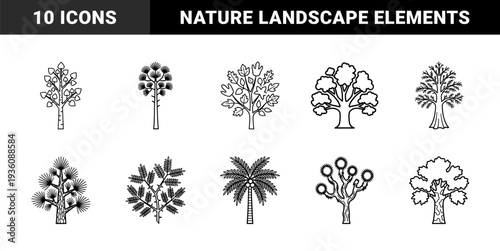 Diverse botanical tree species and arboreal silhouettes for landscape mapping and environmental education. Minimalist black and white line art featuring oak, palm, and deciduous varieties.