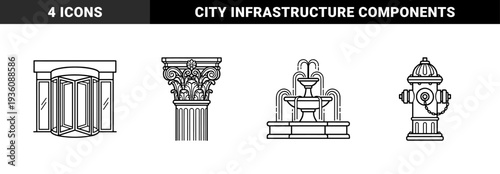 Architectural and urban infrastructure elements featuring a Corinthian column, revolving door, fire hydrant, and tiered fountain in technical monoline art style.
