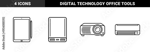 Consumer electronics and office hardware thin line pictograms featuring digital tablet, portable power bank, multimedia projector, and air conditioning unit.