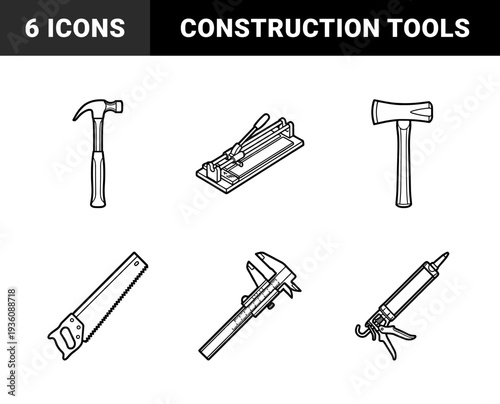 Construction and carpentry manual hand tools featuring heavy outline technical monoline aesthetics for hardware store branding and diy repair guides.