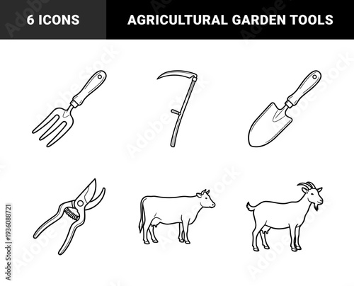 Agriculture and livestock farming tools in a minimalist clean line art style. Hand-drawn monoline illustrations of gardening equipment and dairy farm animals.