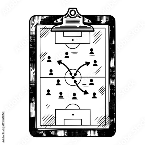 Coach clipboard with soccer field tactics and strategy diagram