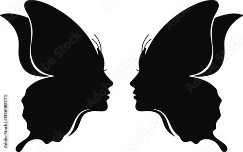Abstract black silhouette vector illustration of an optical illusion featuring two female face profiles forming a beautiful butterfly shape isolated on a white background.
