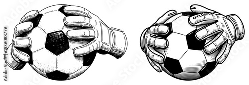 Goalkeeper hands in gloves holding a soccer ball in woodcut style