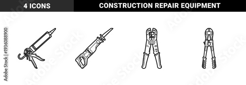 Construction and maintenance power tools featuring reciprocating saw, caulking gun, wire stripper, and bolt cutters in chunky bold line art.