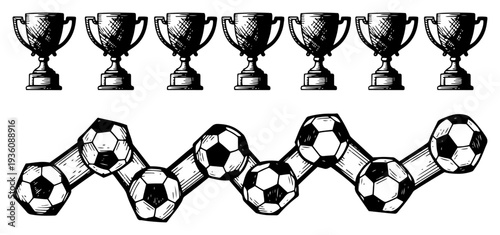 Row of champion trophy cups and zigzag soccer balls in woodcut style