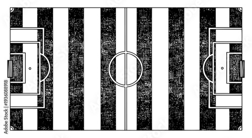 Striped soccer field top view plan in vintage woodcut style