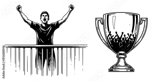 Soccer fan cheering and champion trophy cup for victory celebration