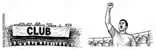 Soccer club fan cheering with raised arm in stadium stands