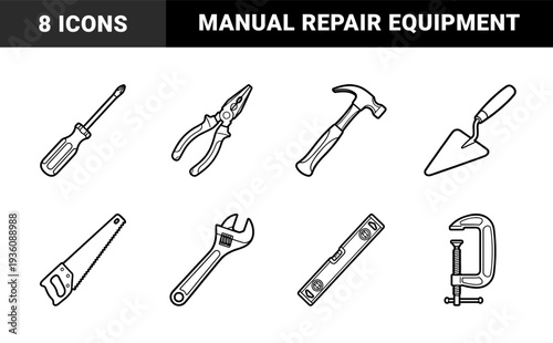Handyman hardware essentials in bold monoline style featuring hammer pliers screwdriver saw wrench trowel level and clamp for construction branding.
