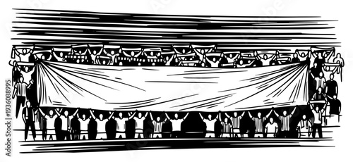 Crowd of soccer fans holding a large blank banner in stadium