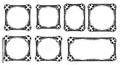 Collection of square and rectangular frames decorated with soccer balls in engraving style