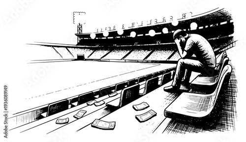 Depressed man sitting alone in empty stadium stands sketch illustration