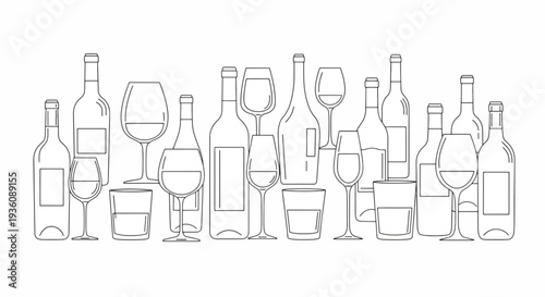 Wine Bottles and Glasses Line Art