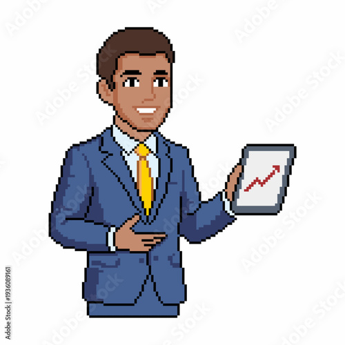 Pixel Art Businessman Presenting Business Growth on Tablet