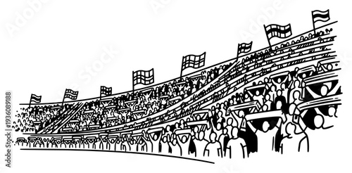 Crowd of sports fans cheering in stadium stands with flags sketch illustration