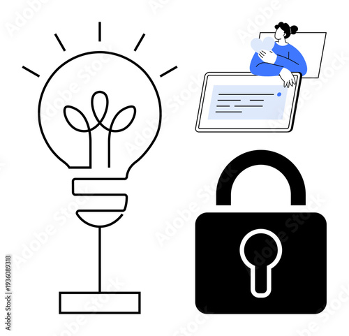 Innovation and security concept. Innovation through creative light bulb and secure lock, emphasizing innovation in protecting data and security. For tech, business systems, education, digital
