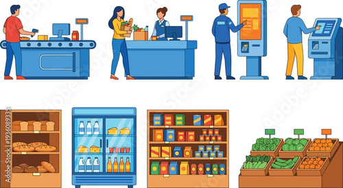 Flat vector illustration of grocery store shopping scenes including cashier checkout, self-service kiosks, food shelves, bakery, dairy fridge, and vegetables.