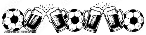 Row of soccer balls and clinking beer mugs for fan celebration