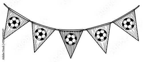 Bunting banner with soccer ball patterns in vintage engraving style