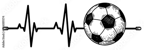 Soccer ball with heartbeat rhythm line in vintage engraving style