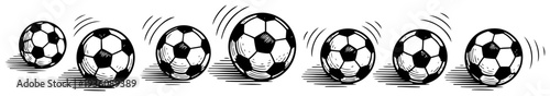 Row of soccer balls showing motion and bounce in engraving style