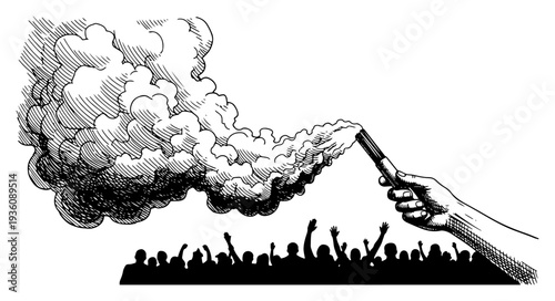 Sports fan holding a burning flare with smoke at a stadium