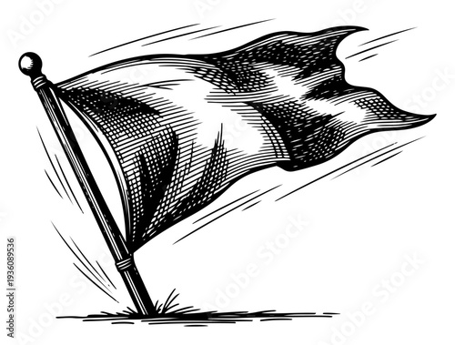 Waving flag on a flagpole in vintage sketch style