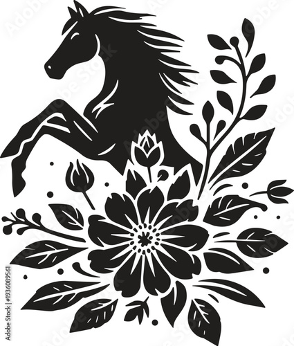 Elegant black silhouette vector illustration featuring a beautiful rearing wild horse jumping from a decorative floral arrangement with large flowers isolated on white background.